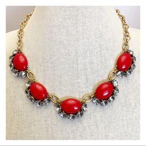 Stella & Dot red acrylic cabochon large rhinestone gold tone statement necklace